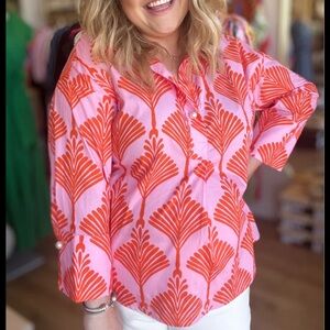 NWT JODIFL Summer Blouse Pink and Orange Patterned Top Size S